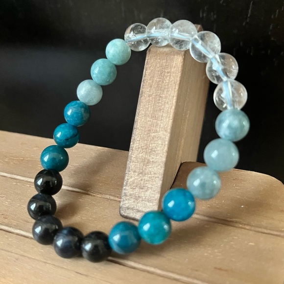 Blue Apatite, Angelite, Tigerseye & Quartz Natural Stone Crystal Beaded Bracelet - Picture 1 of 6